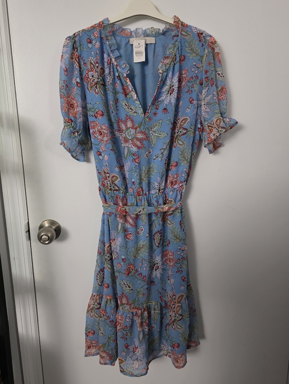 NWT LOFT Sky Blue Floral Ruffle-Tie Mini Dress